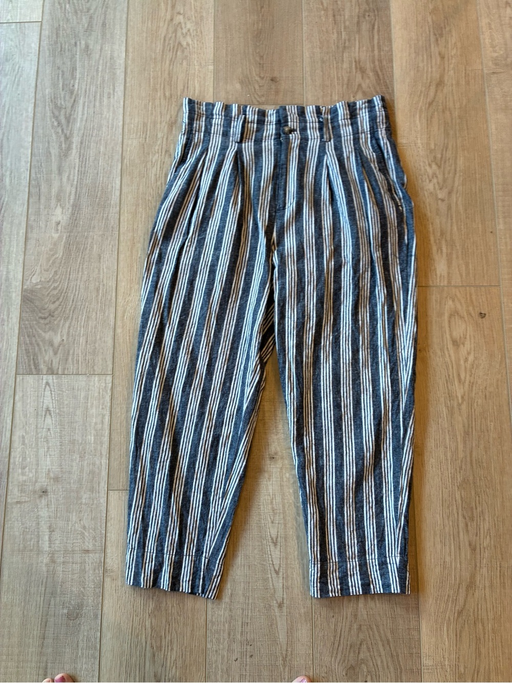 Madewell Striped Blue & White Barrel Trousers high waist belt loops linen blend